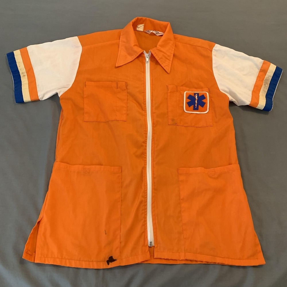Vintage Dyna Med EMT Jacket Mens‎ Medium Orange Star Of Life Zip Front 70s
